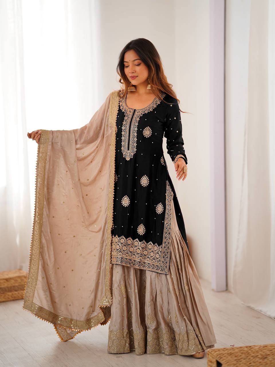 Premium Black Chinon Silk Coding Sequence Work Sharara Suit Set with Dupatta
