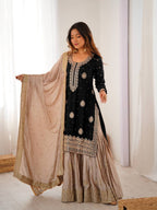 Premium Black Chinon Silk Coding Sequence Work Sharara Suit Set with Dupatta
