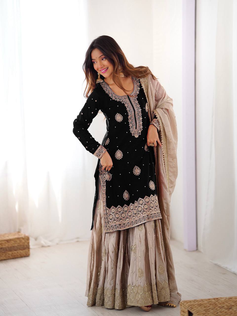Premium Black Chinon Silk Coding Sequence Work Sharara Suit Set with Dupatta
