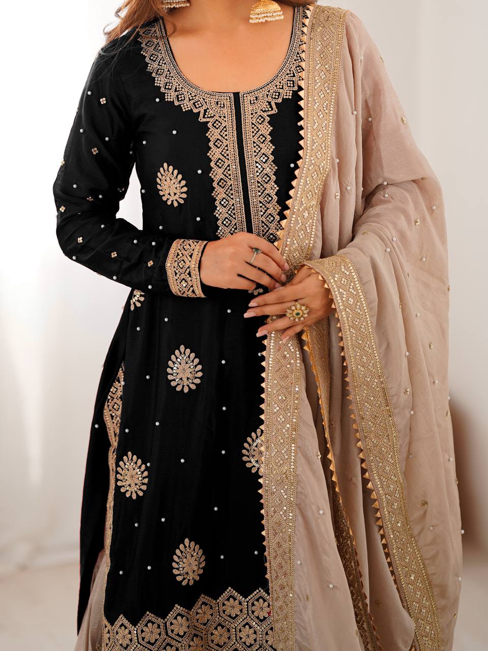 Premium Black Chinon Silk Coding Sequence Work Sharara Suit Set with Dupatta
