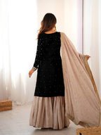 Premium Black Chinon Silk Coding Sequence Work Sharara Suit Set with Dupatta
