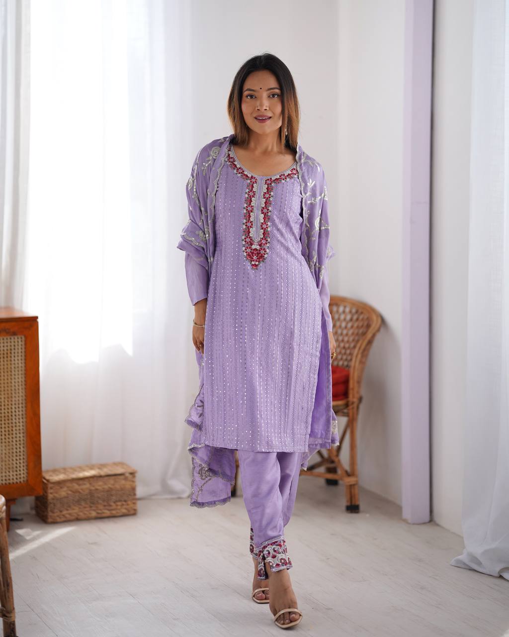Stunning Chinon Silk with thread & Sequence work Fancy Suit Set
