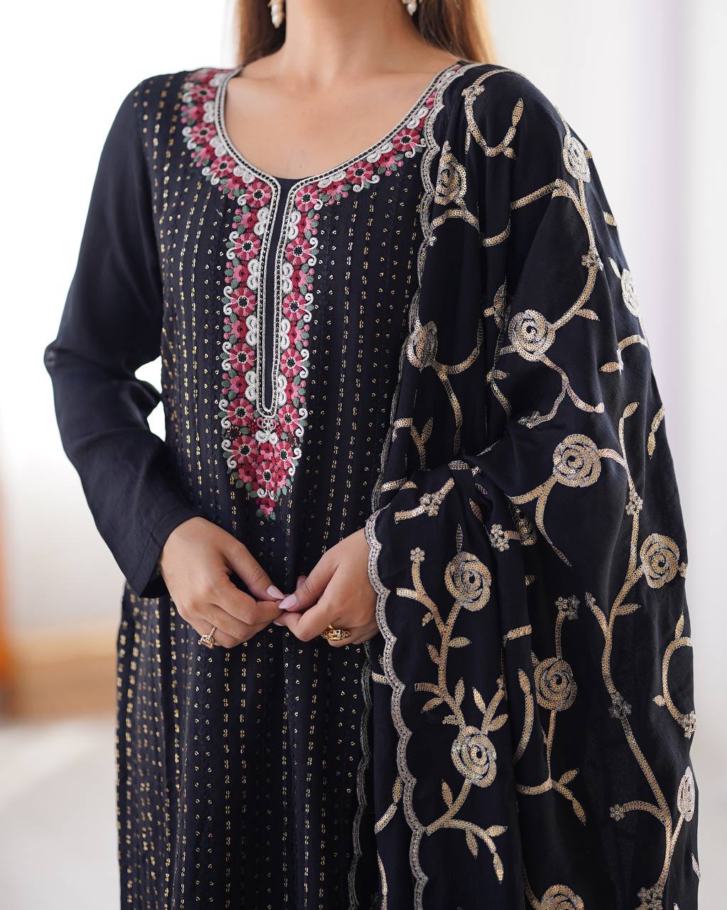 
Stunning Chinon Silk with thread & Sequence work Fancy Suit Set