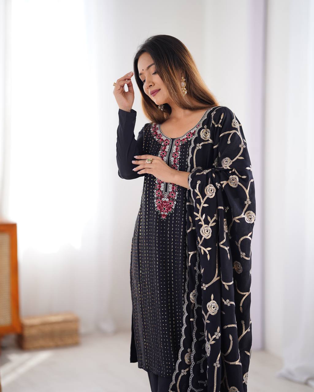 
Stunning Chinon Silk with thread & Sequence work Fancy Suit Set