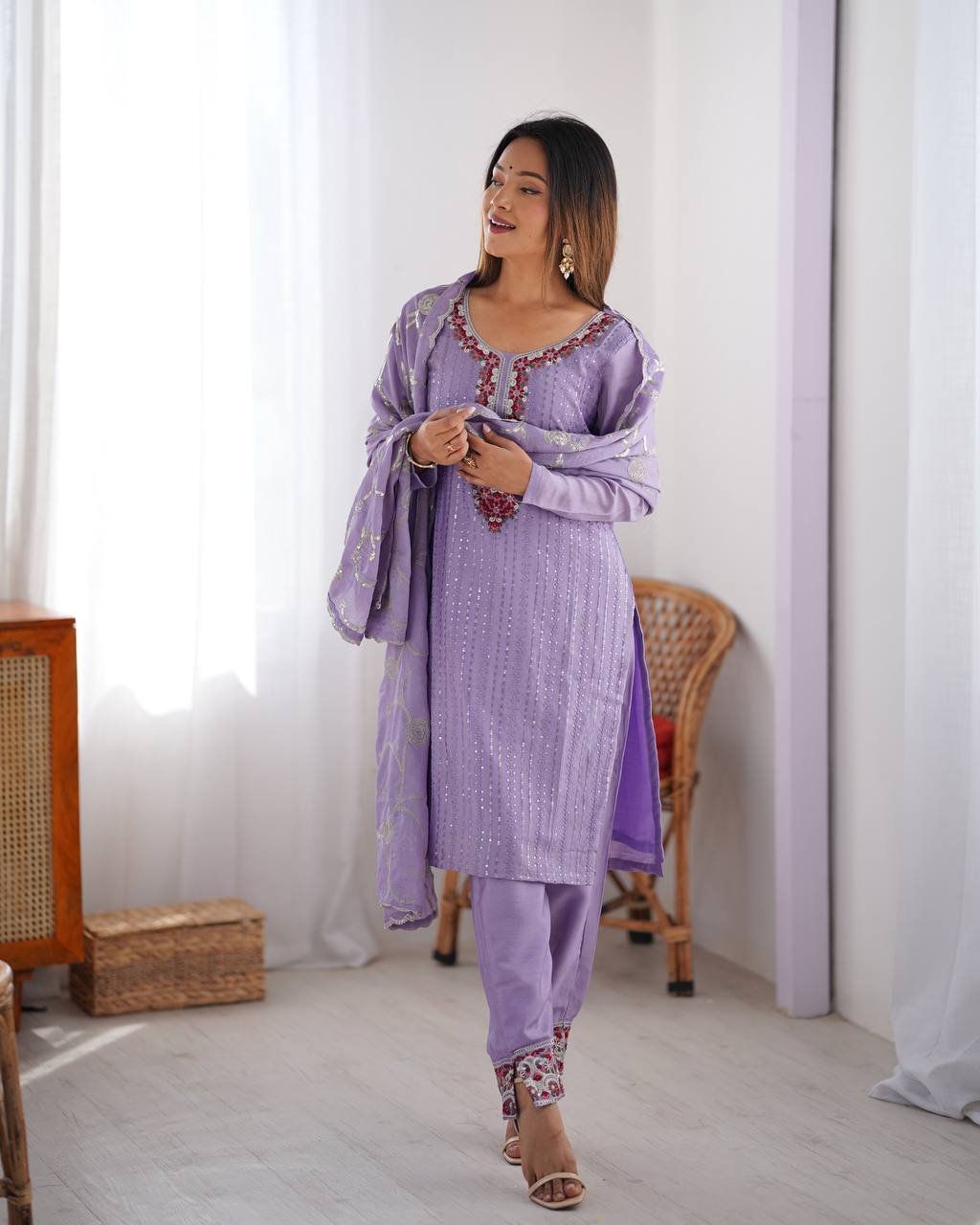 
Stunning Chinon Silk with thread & Sequence work Fancy Suit Set