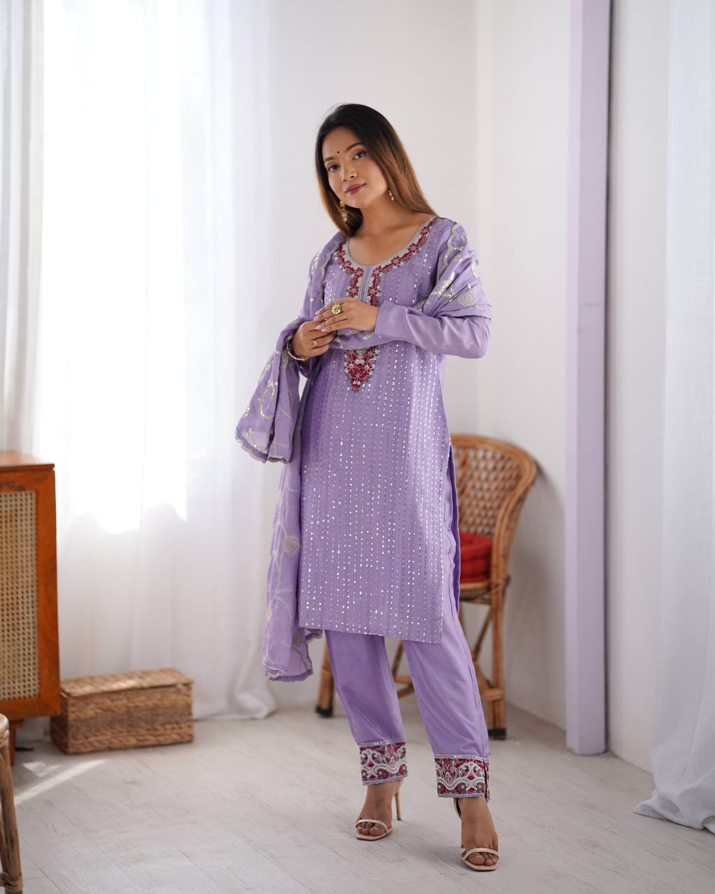 
Stunning Chinon Silk with thread & Sequence work Fancy Suit Set