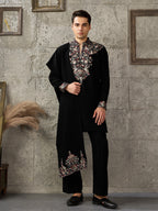 Royal Black Japanese Lachka Thread Embroidered Kurta Set for Men
