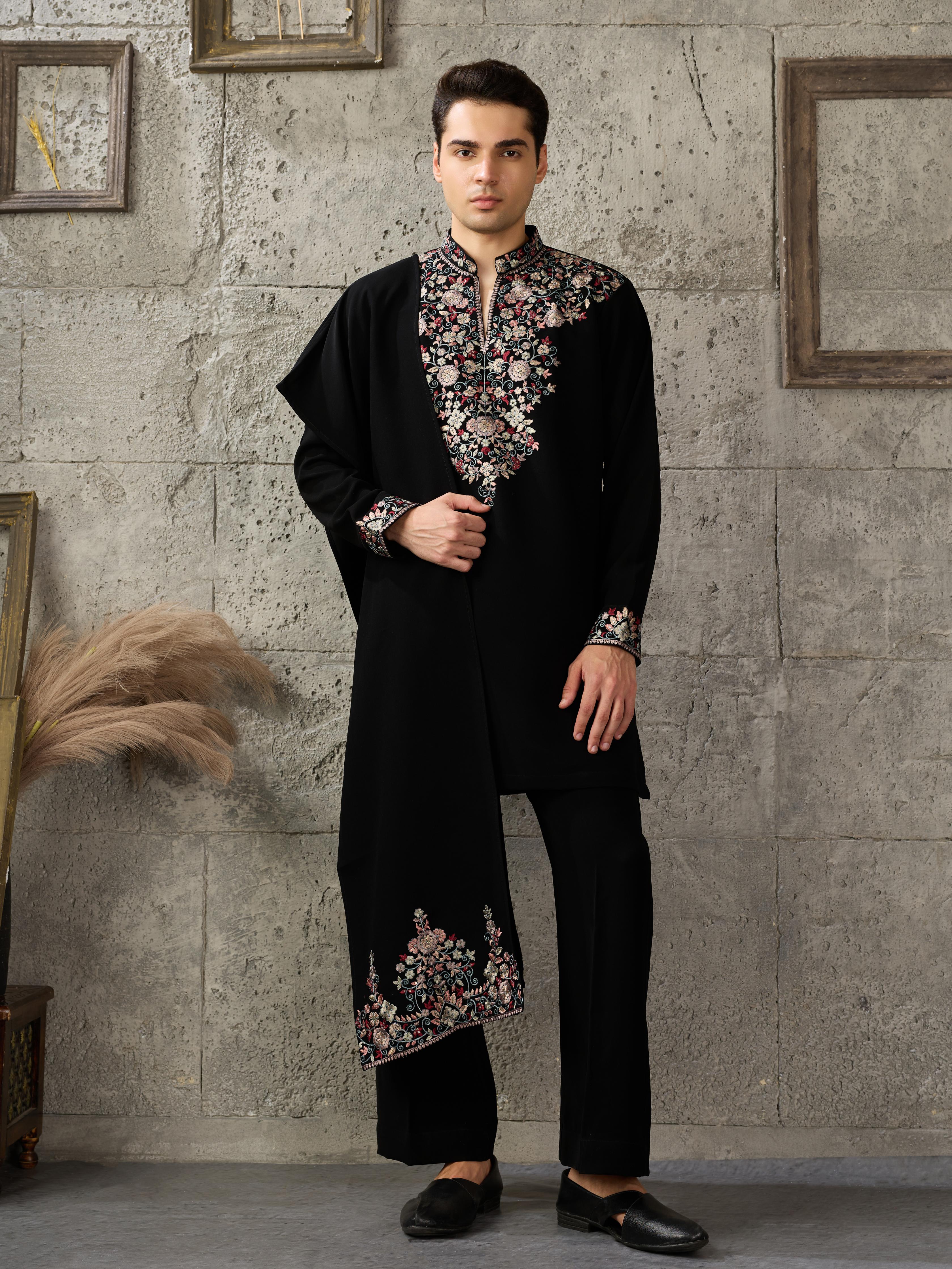 Royal Black Japanese Lachka Thread Embroidered Kurta Set for Men
