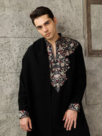 Royal Black Japanese Lachka Thread Embroidered Kurta Set for Men
