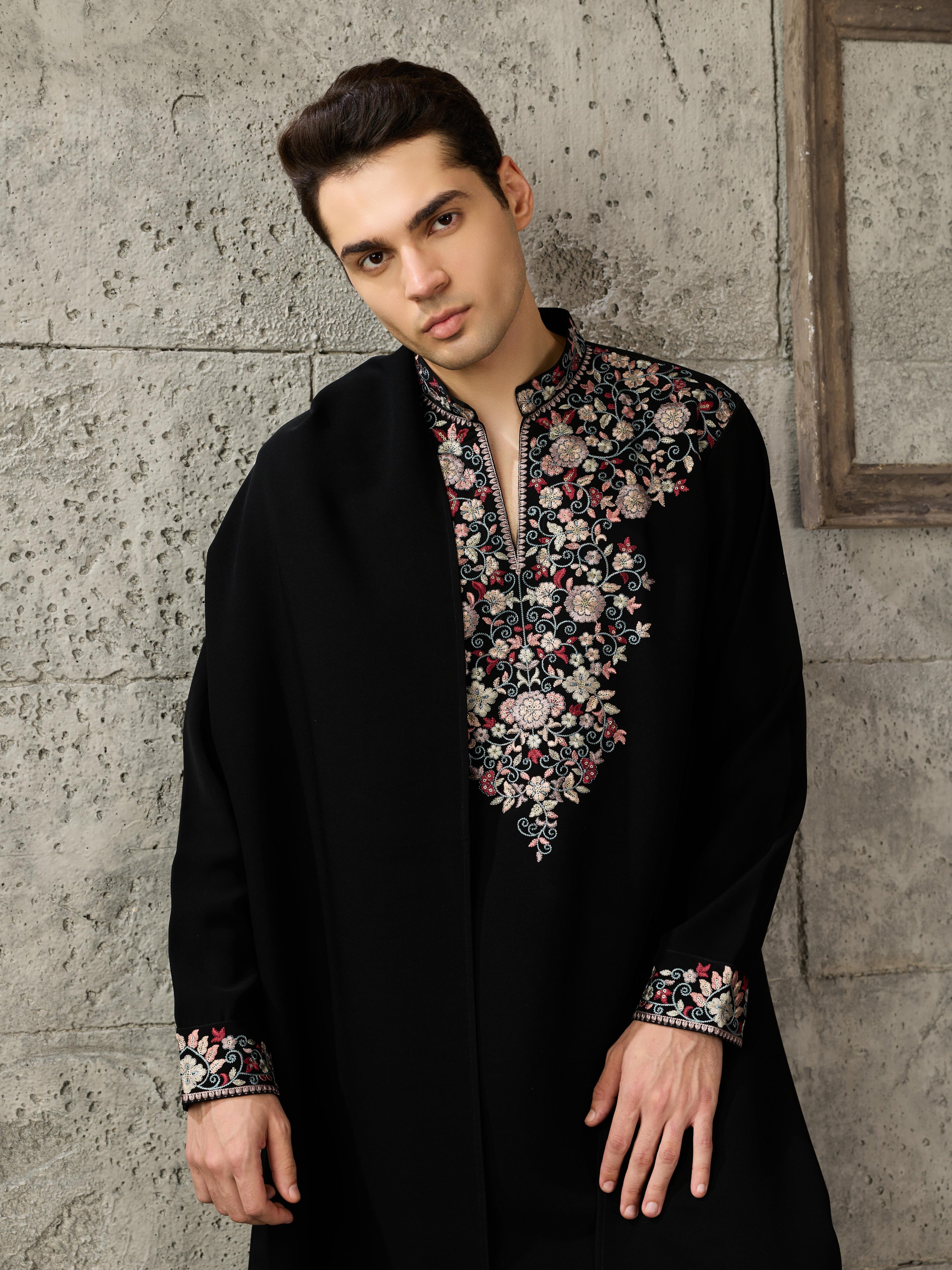 Royal Black Japanese Lachka Thread Embroidered Kurta Set for Men
