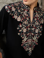Royal Black Japanese Lachka Thread Embroidered Kurta Set for Men
