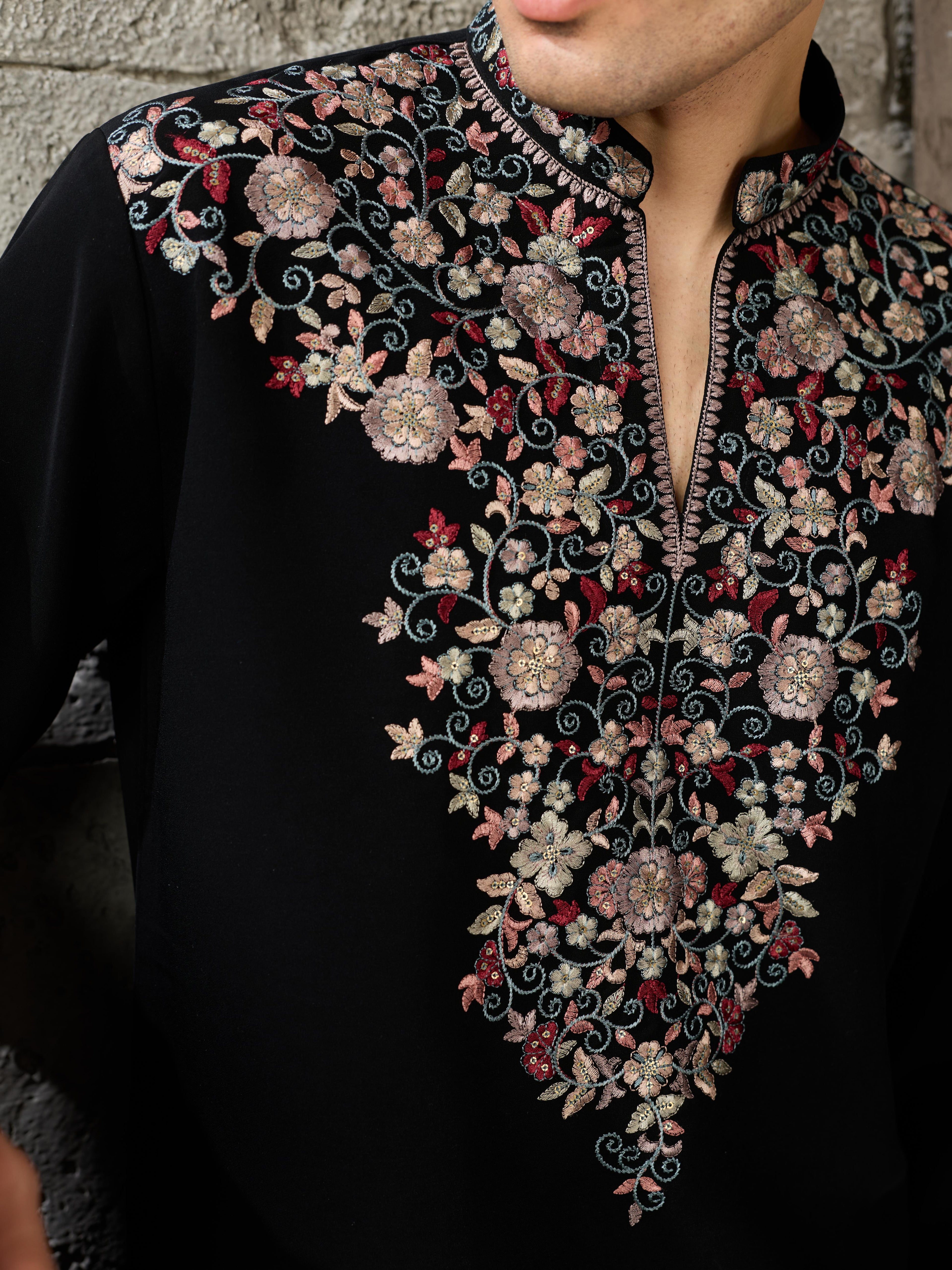 Royal Black Japanese Lachka Thread Embroidered Kurta Set for Men
