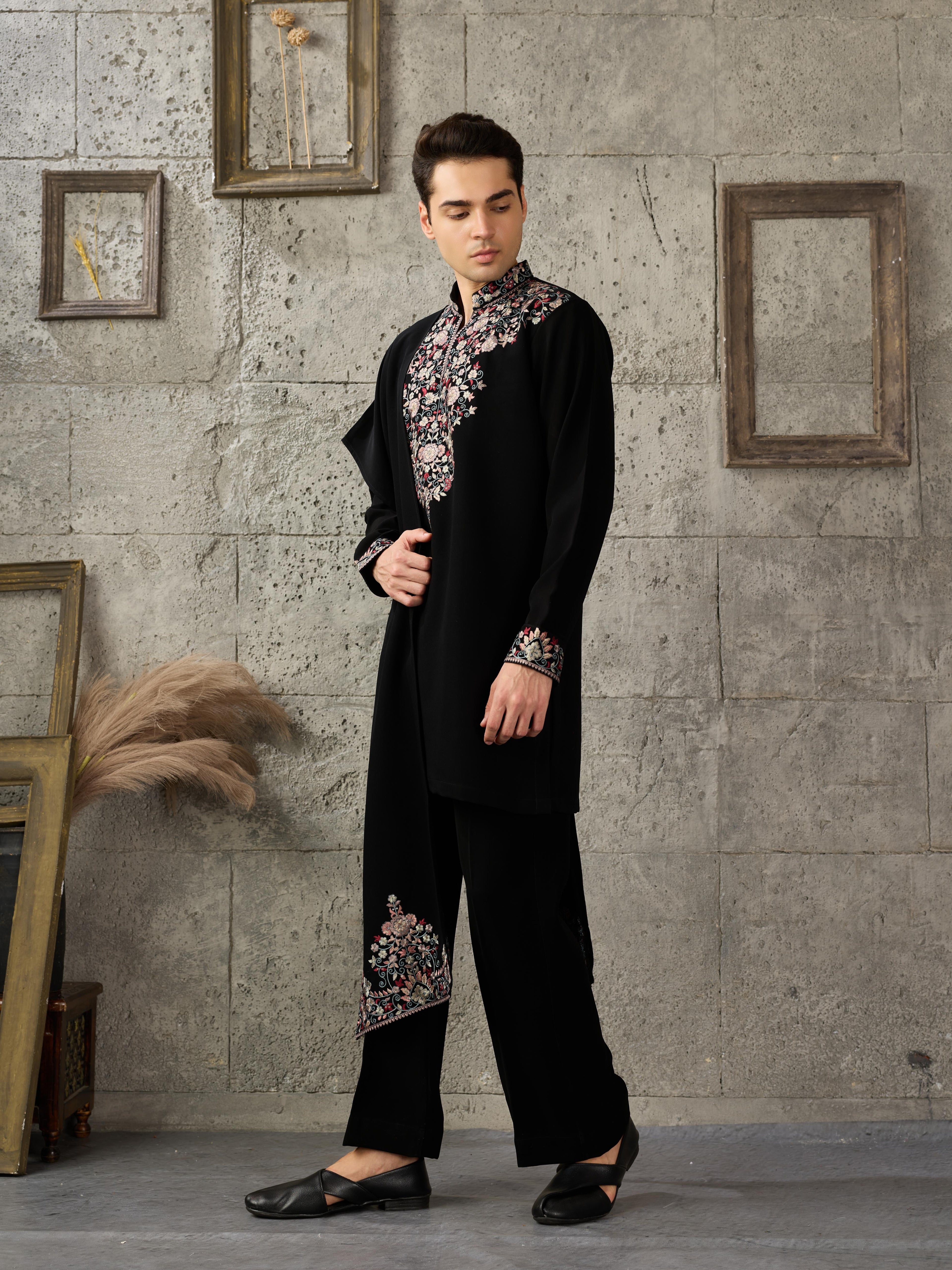 Royal Black Japanese Lachka Thread Embroidered Kurta Set for Men
