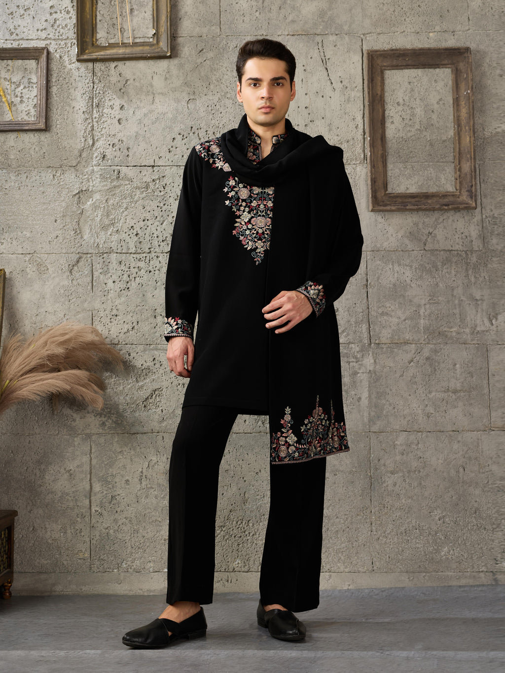 Royal Black Japanese Lachka Thread Embroidered Kurta Set for Men

