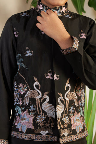 Magic Black Embroidered Koti Kurta Set For Boys
