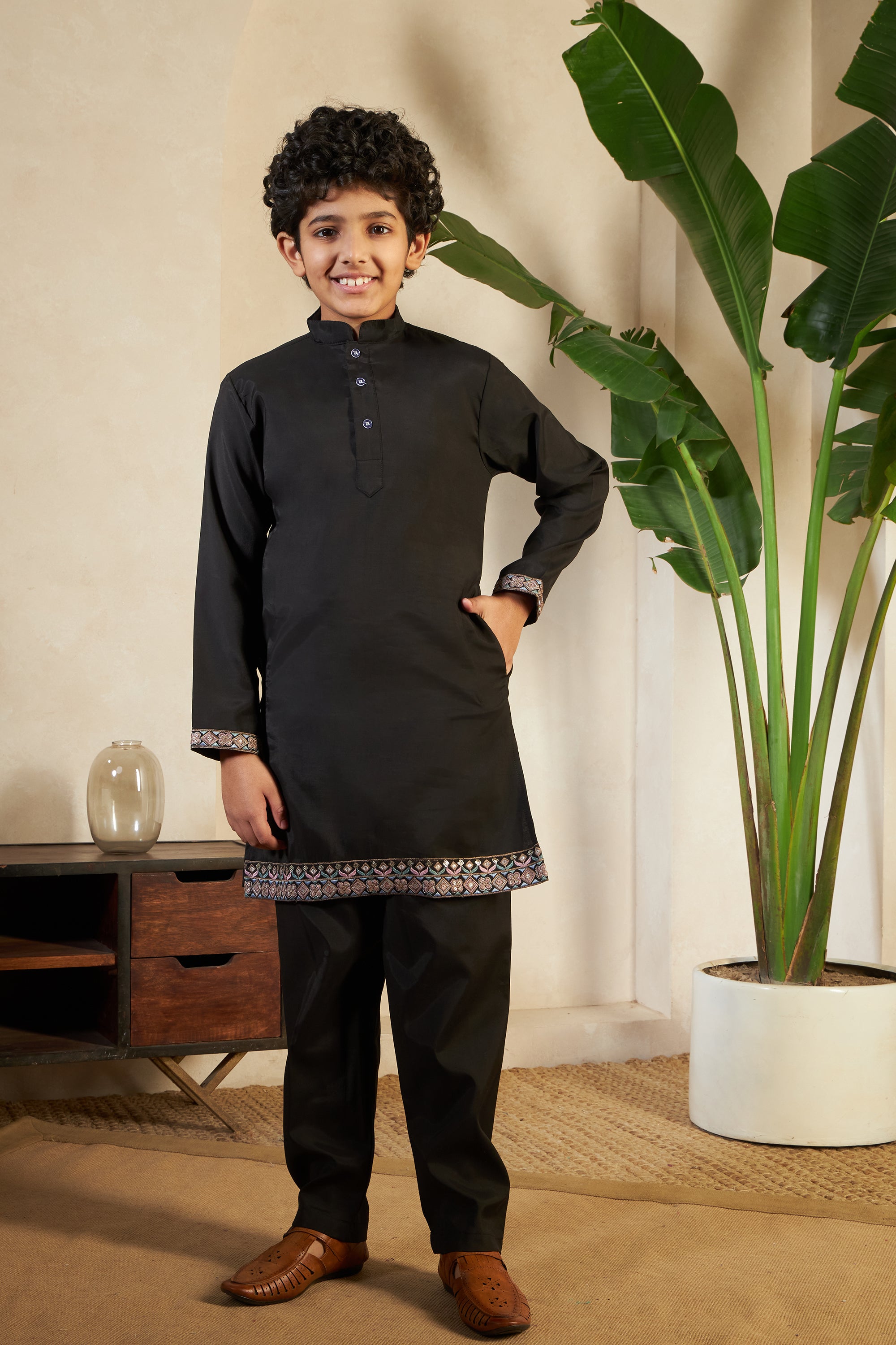 Magic Black Embroidered Koti Kurta Set For Boys
