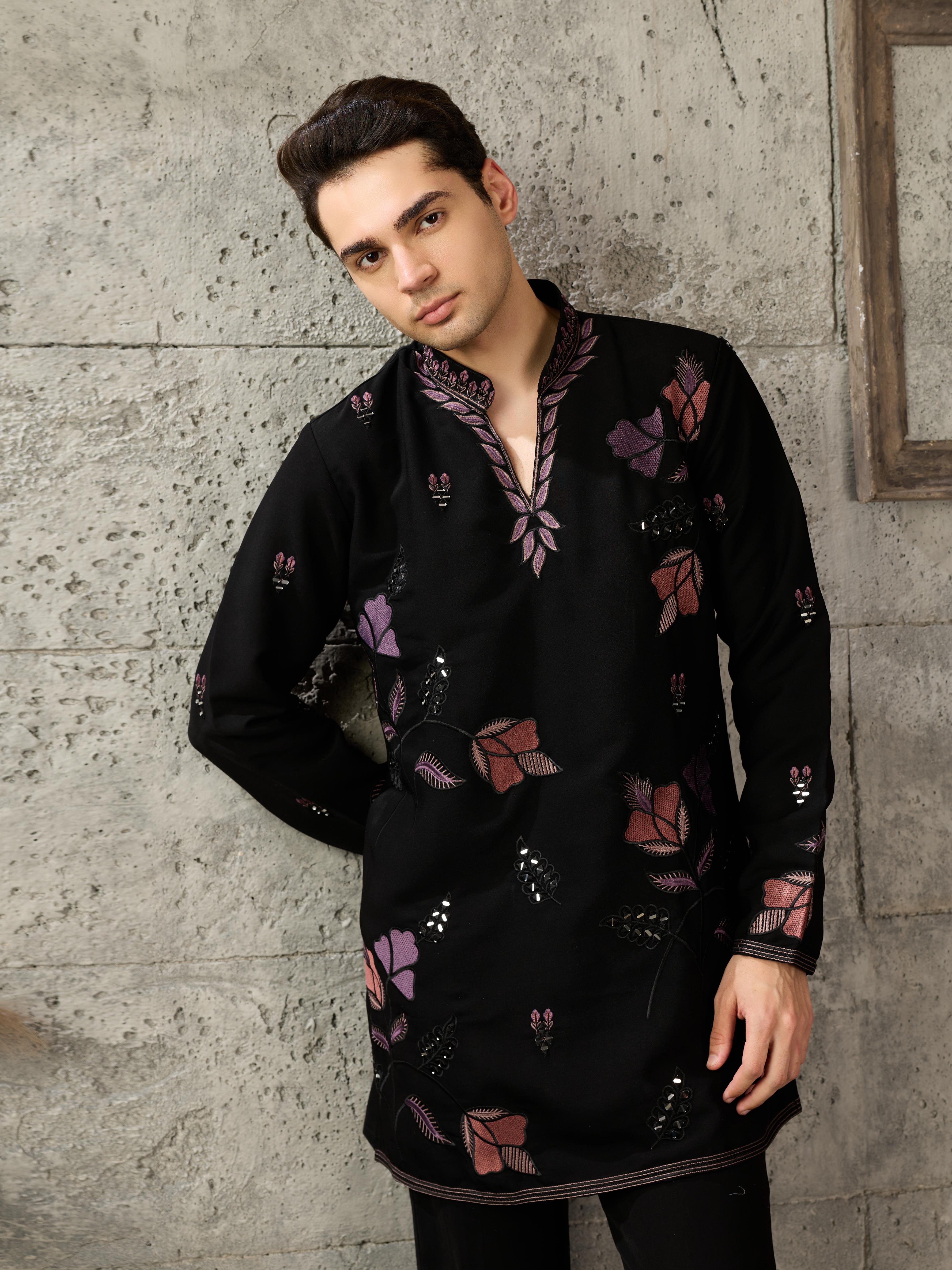 Stylish Black Japanese Lachka Embroidered Kurta Set For Festive Wear
