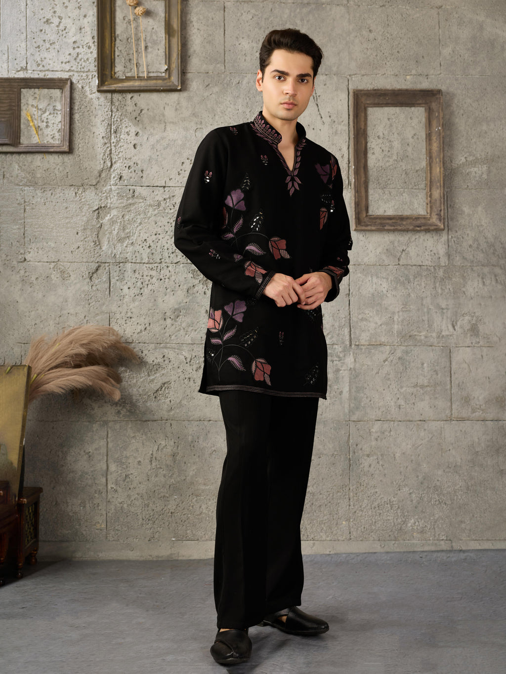 Stylish Black Japanese Lachka Embroidered Kurta Set For Festive Wear
