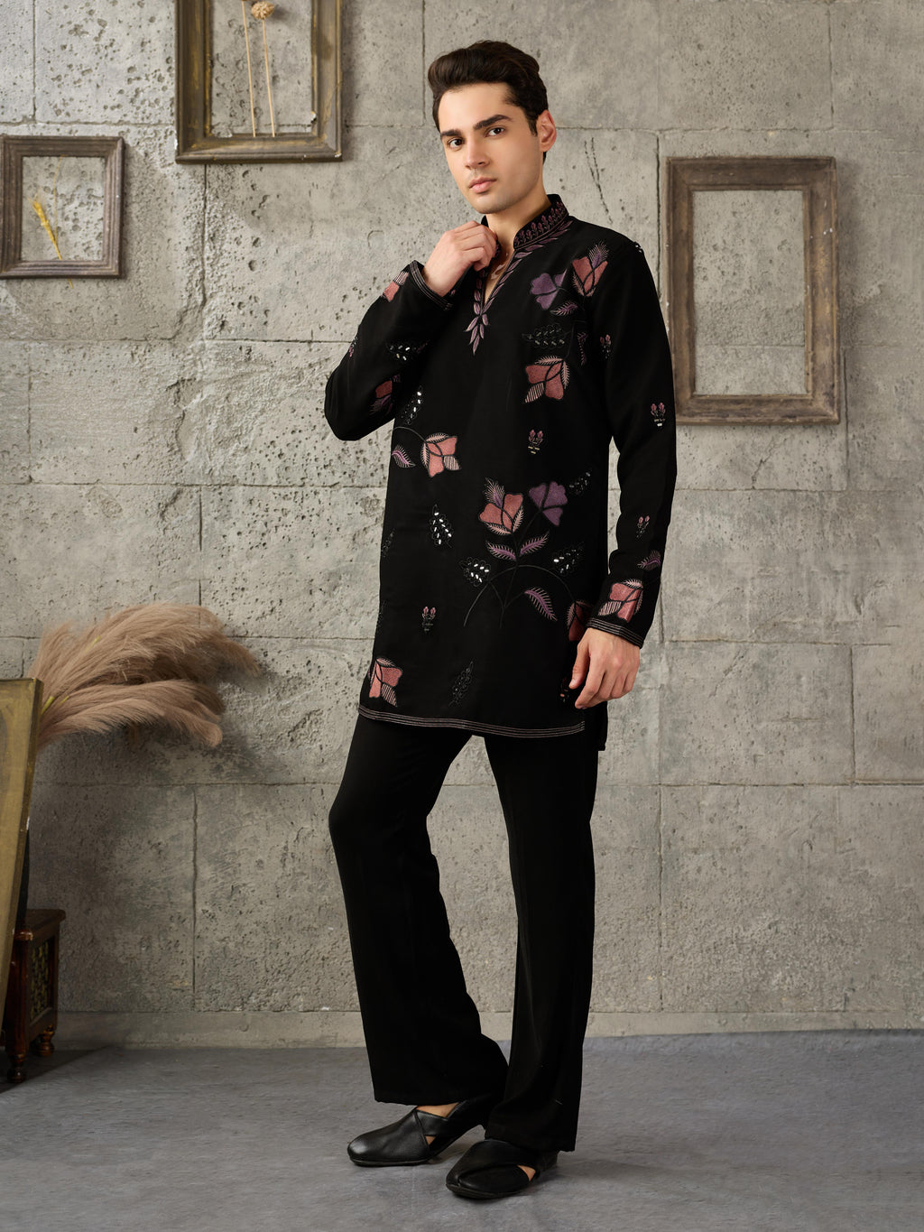 Stylish Black Japanese Lachka Embroidered Kurta Set For Festive Wear
