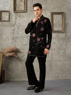 Stylish Black Japanese Lachka Embroidered Kurta Set For Festive Wear

