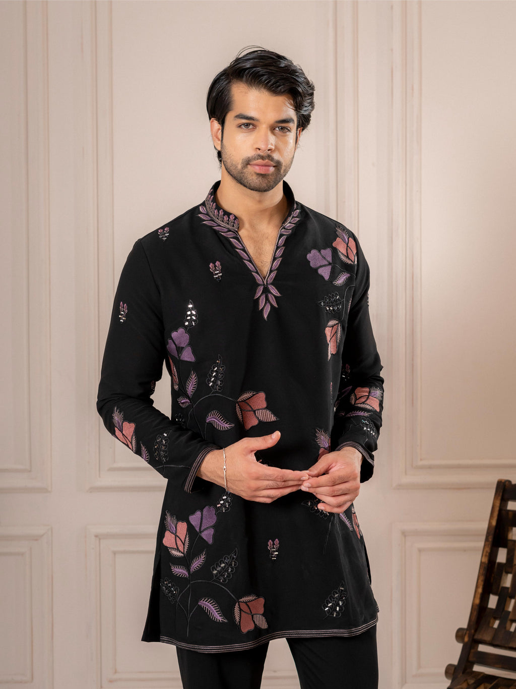 Black Embroidered Kurta Set For Men | Tulip Designer
