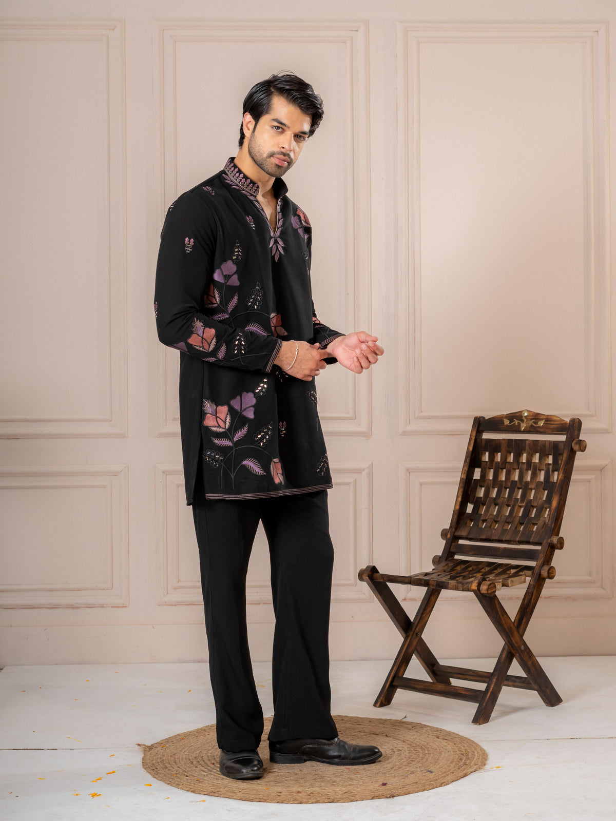 Black Embroidered Kurta Set For Men | Tulip Designer
