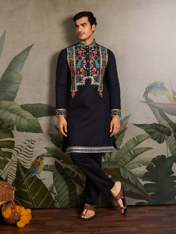 Designer Black Embroidered Mens Kurta for Wedding
