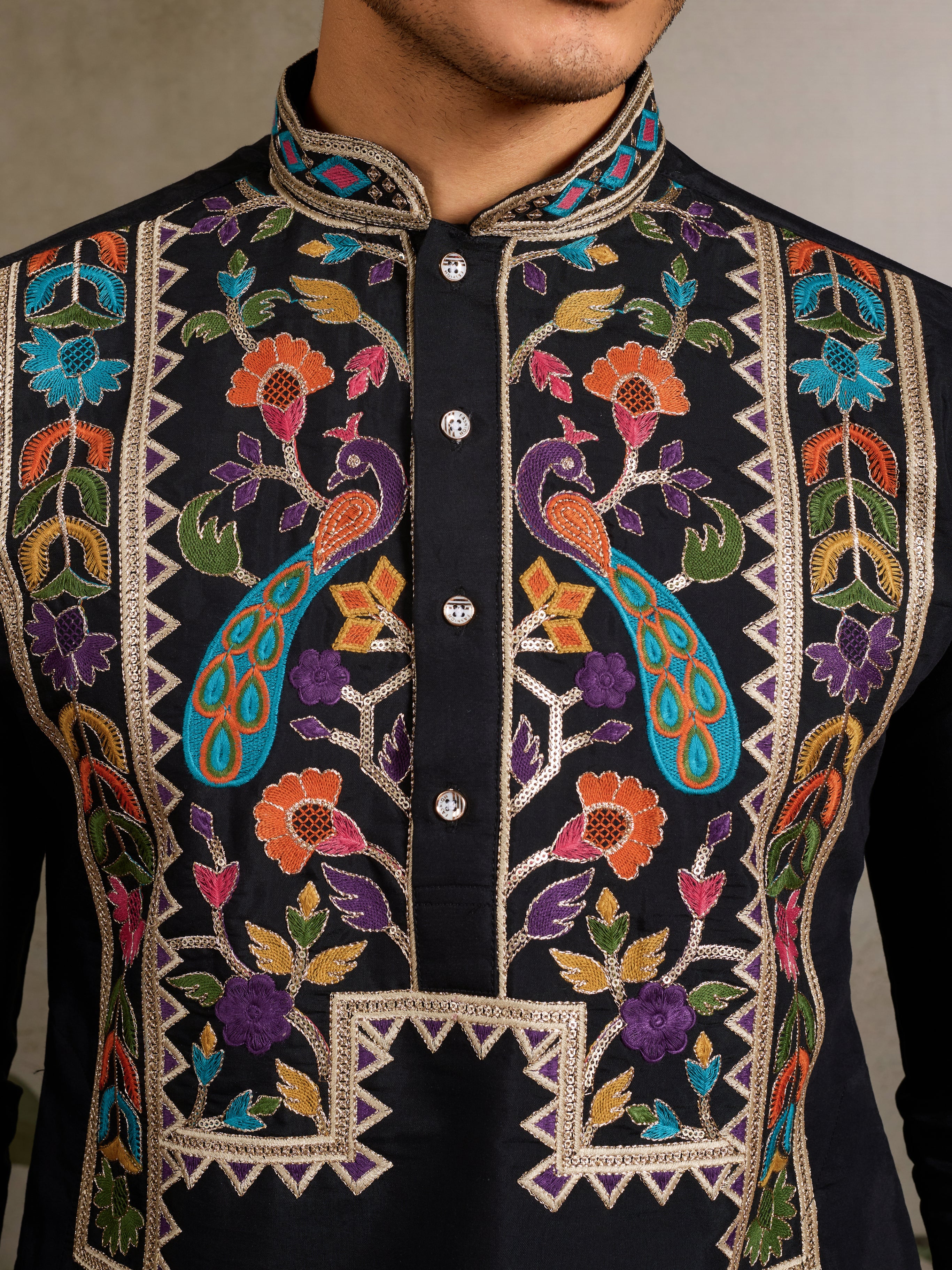 Designer Black Embroidered Mens Kurta for Wedding