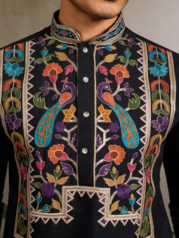 Designer Black Embroidered Mens Kurta for Wedding