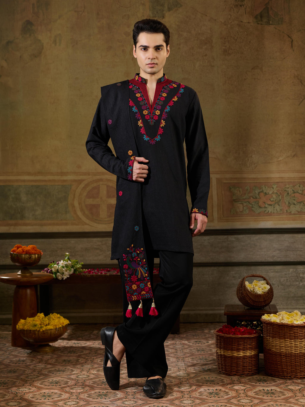 Black Embroidered Mens Kurta Dupatta Set | Tulip Designer

