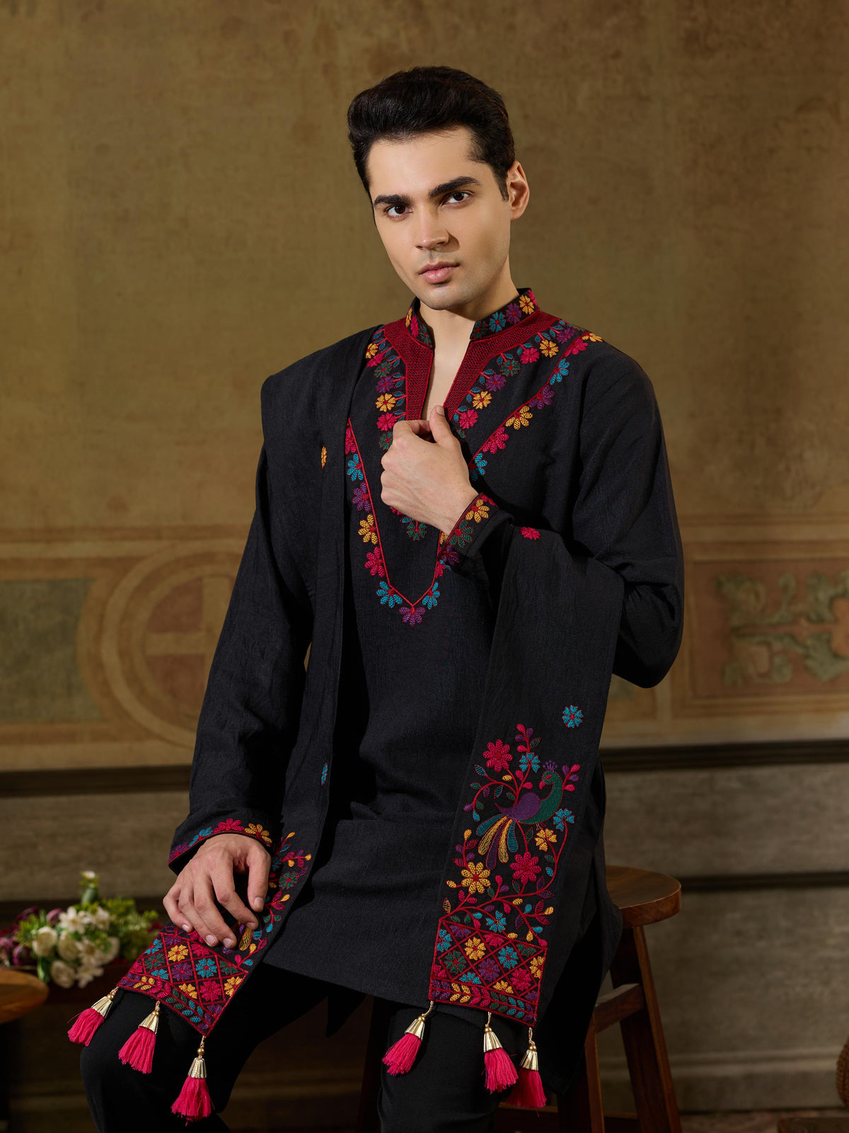 Black Embroidered Mens Kurta Dupatta Set | Tulip Designer
