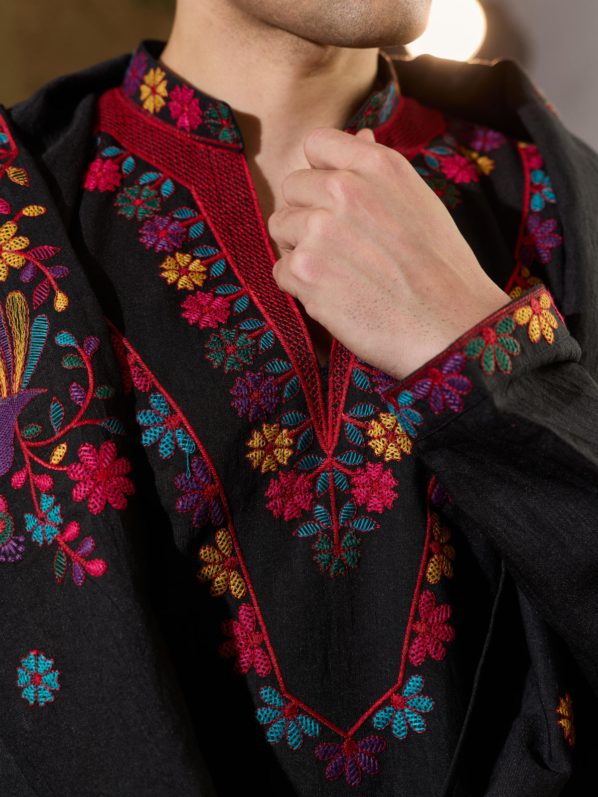 Black Embroidered Mens Kurta Dupatta Set | Tulip Designer
