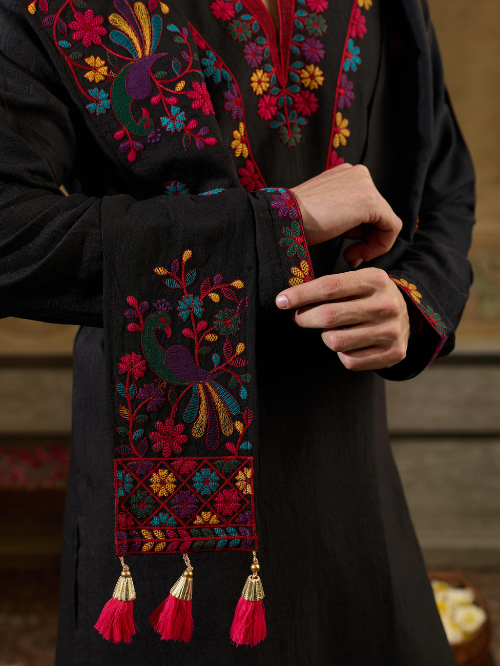 Black Embroidered Mens Kurta Dupatta Set | Tulip Designer
