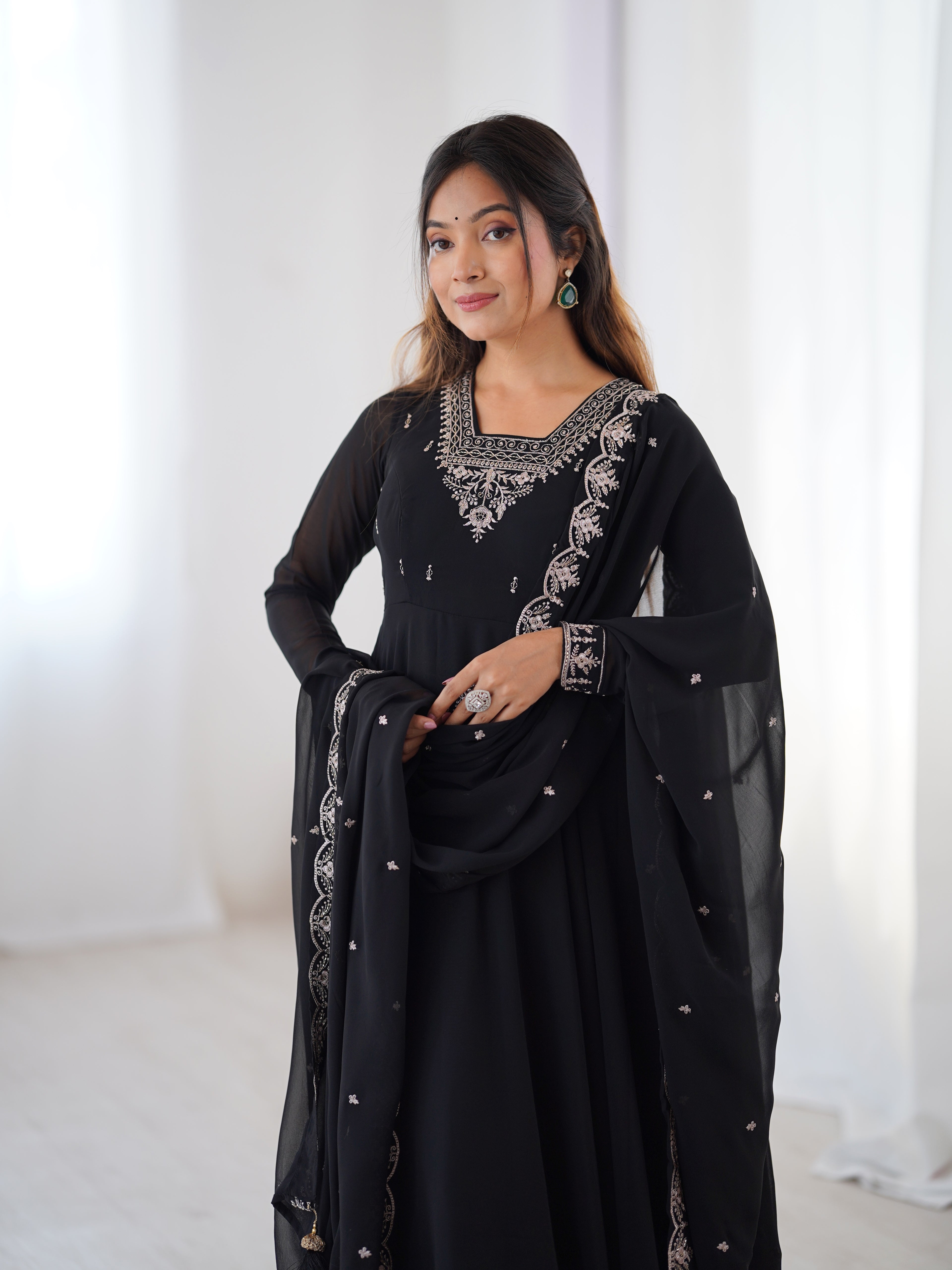 Pure Soft Faux Georgette Fully Flaired Anarkali Suit Comes With Duppatta & Pant - BLACK
