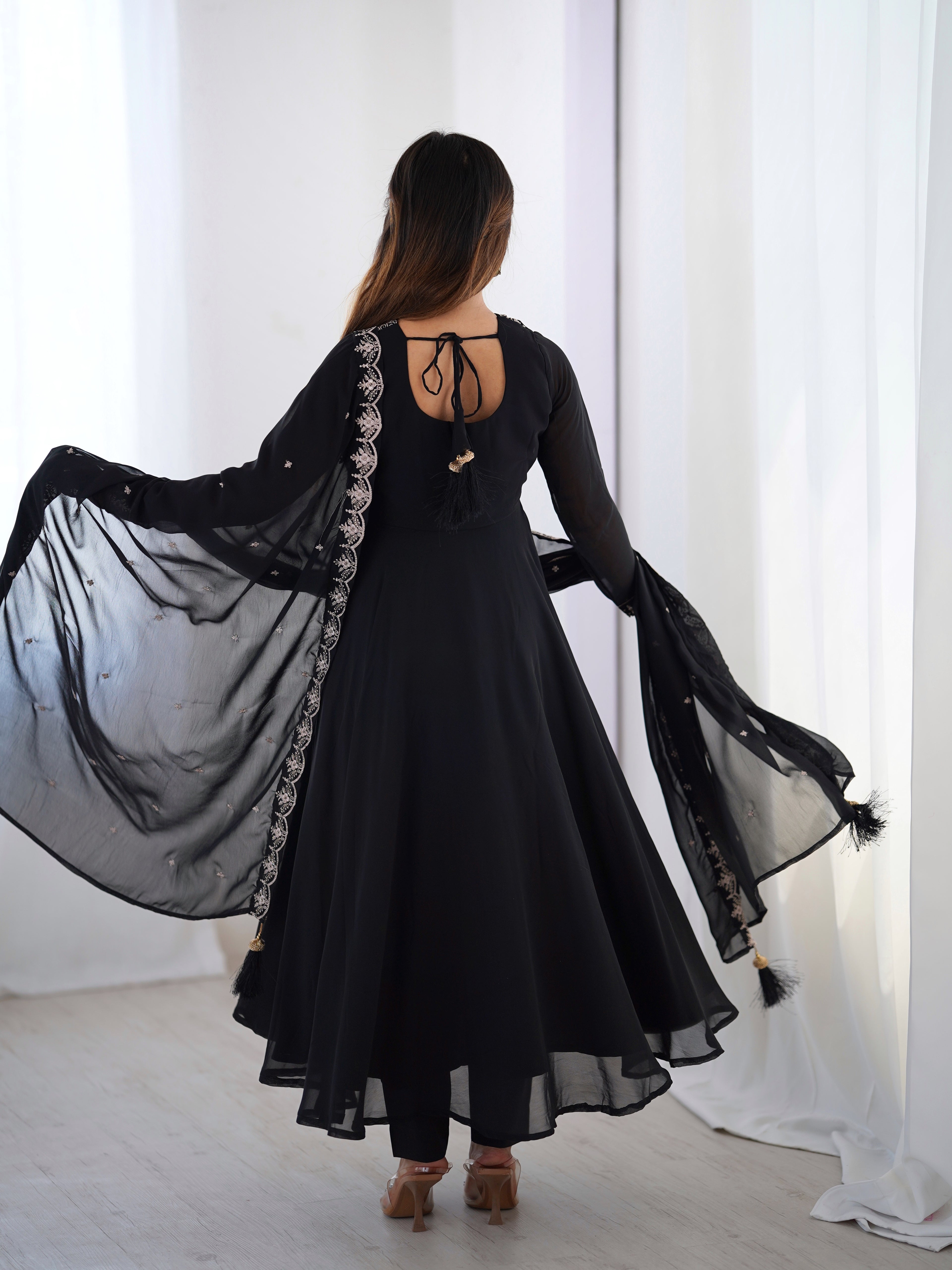 Pure Soft Faux Georgette Fully Flaired Anarkali Suit Comes With Duppatta & Pant - BLACK