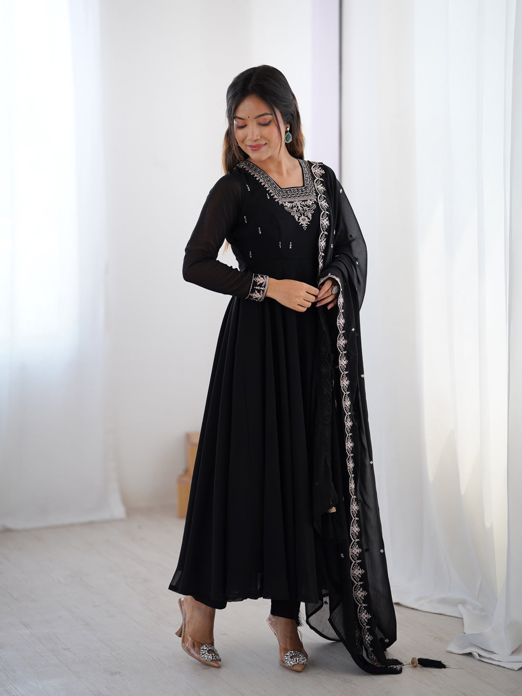 Pure Soft Faux Georgette Fully Flaired Anarkali Suit Comes With Duppatta & Pant - BLACK
