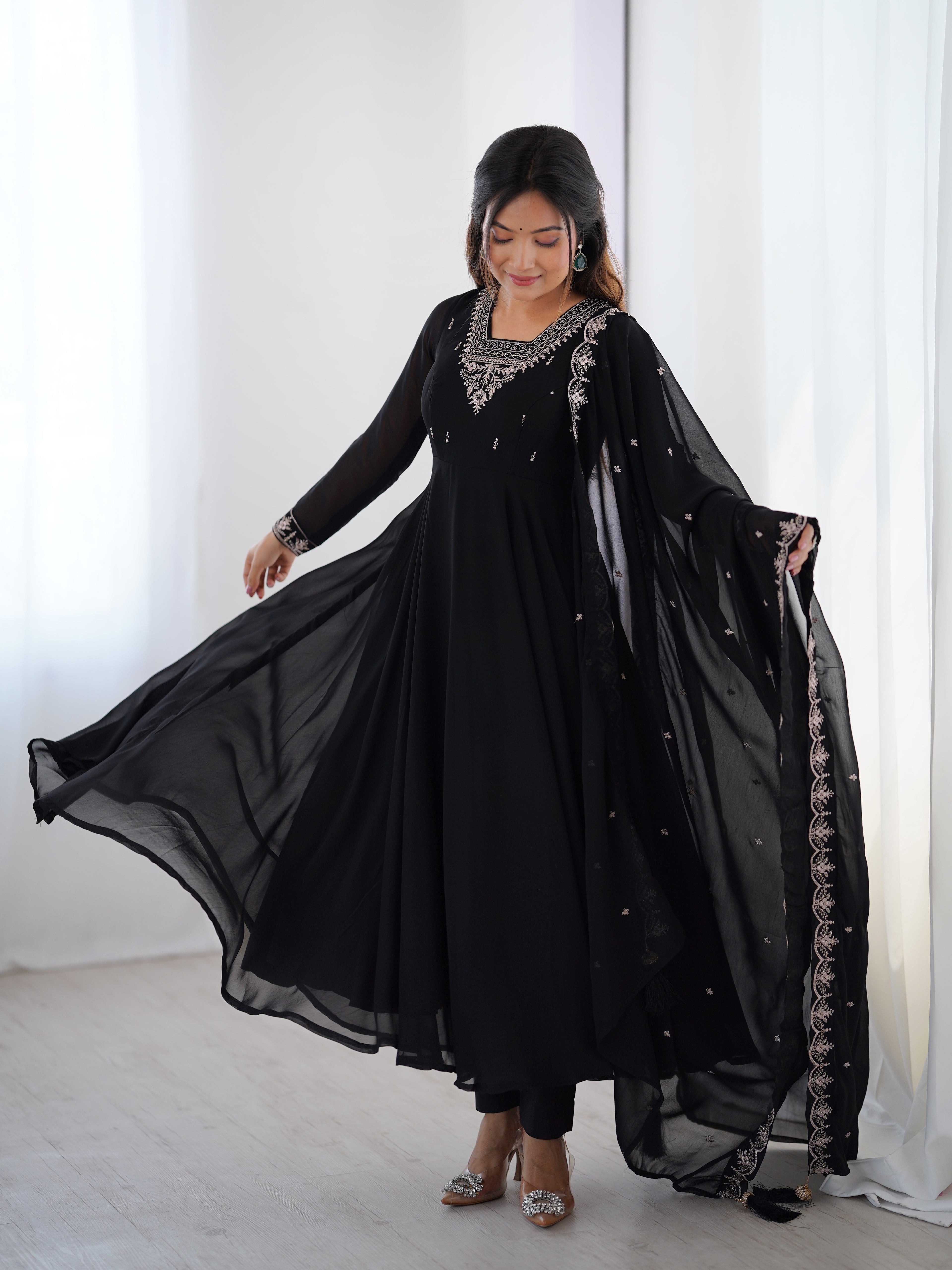 Pure Soft Faux Georgette Fully Flaired Anarkali Suit Comes With Duppatta & Pant - BLACK
