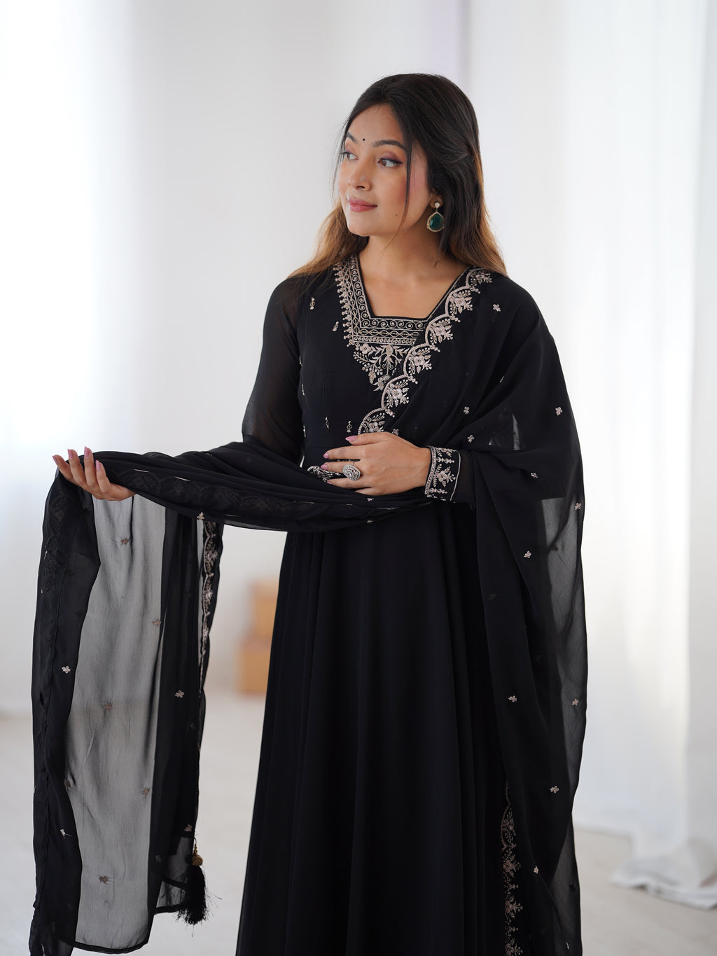 Pure Soft Faux Georgette Fully Flaired Anarkali Suit Comes With Duppatta & Pant - BLACK
