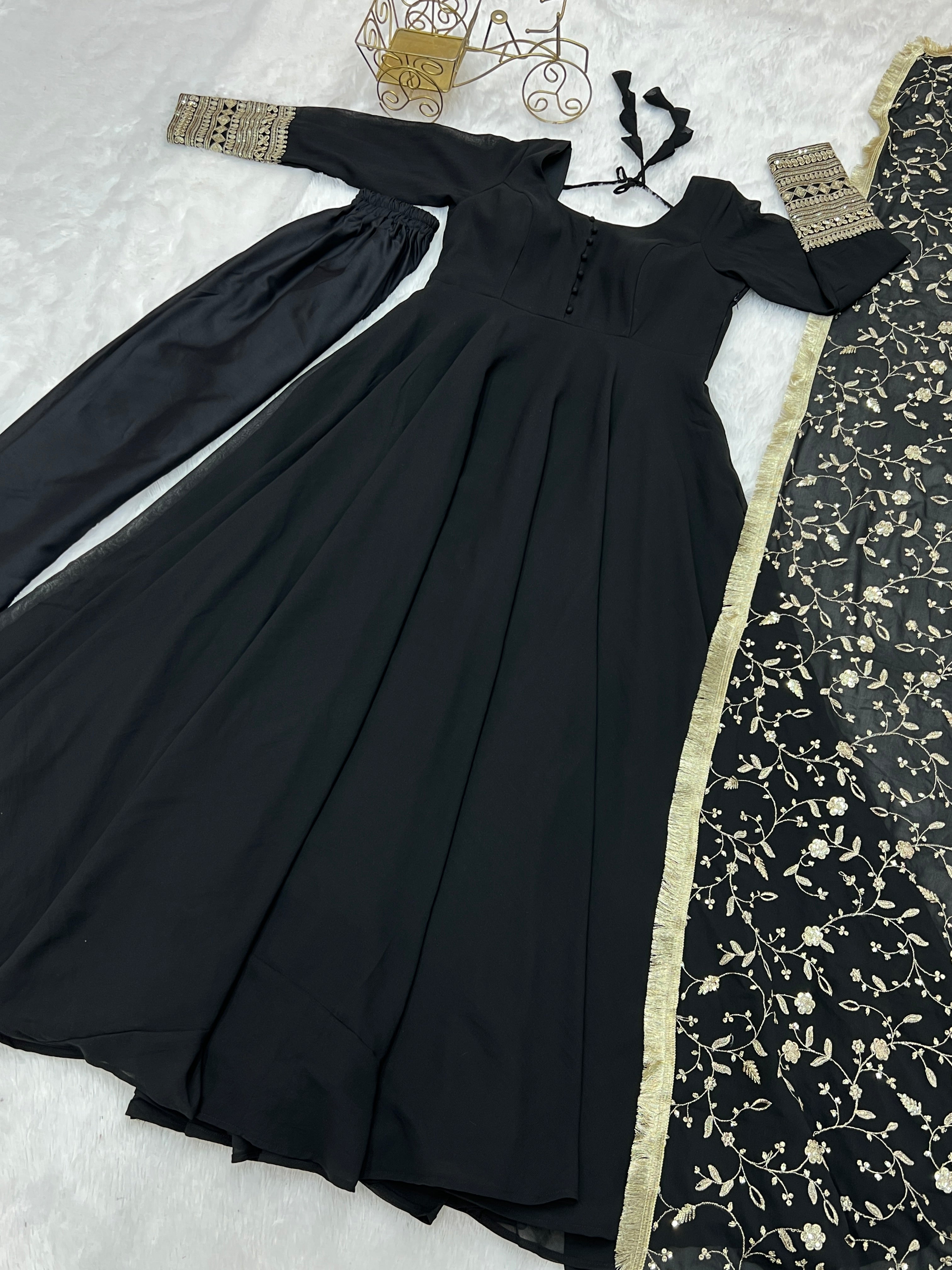 Black Color Pure Faux Georgette Kurti With Huge Flair Comes With Duppatta & Pant
