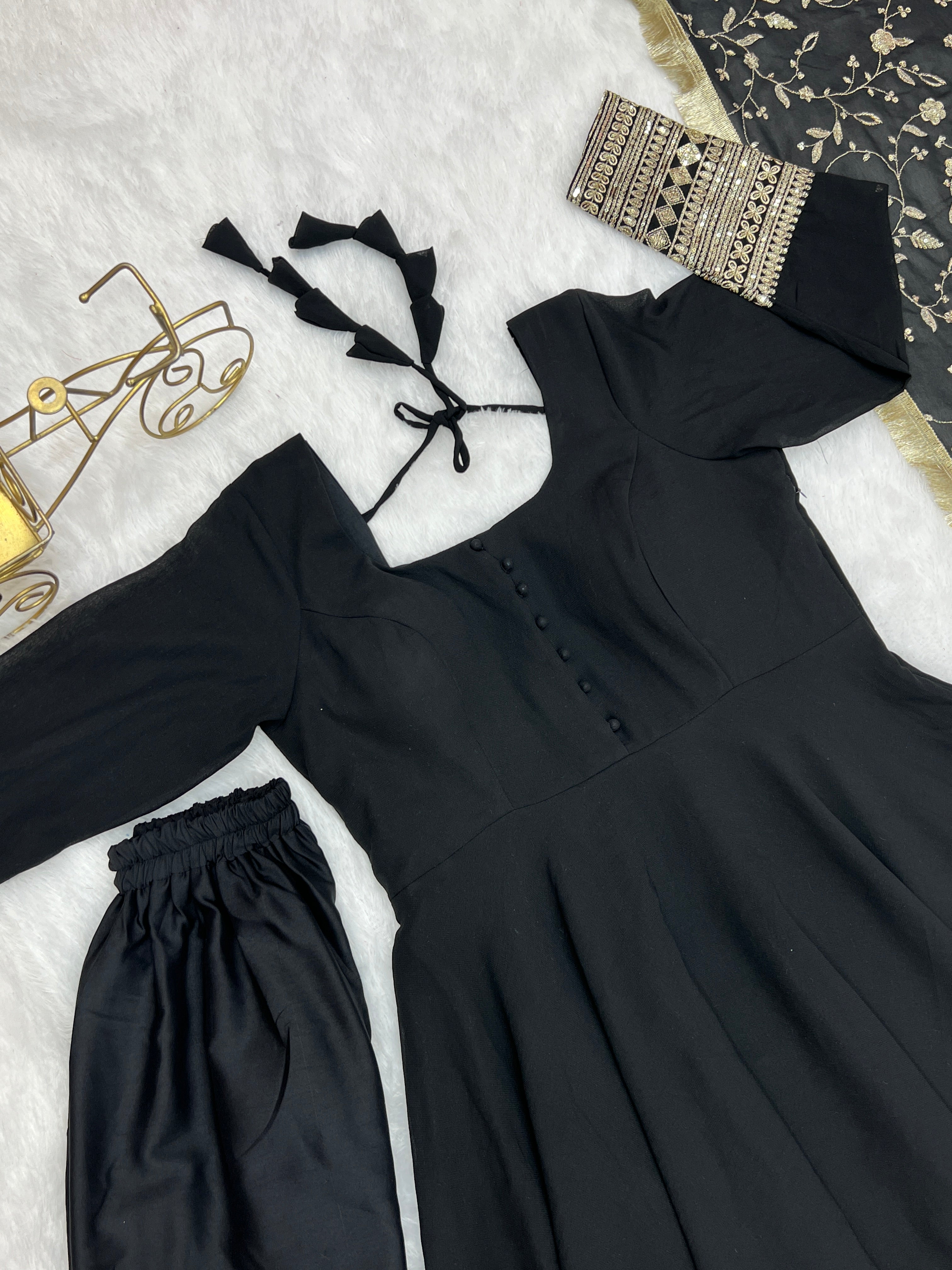 Black Color Pure Faux Georgette Kurti With Huge Flair Comes With Duppatta & Pant
