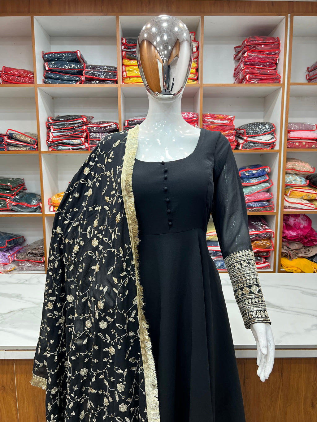 Black Color Pure Faux Georgette Kurti With Huge Flair Comes With Duppatta & Pant
