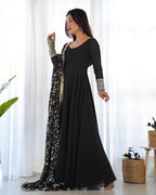 Black Color Pure Faux Georgette Kurti With Huge Flair Comes With Duppatta & Pant
