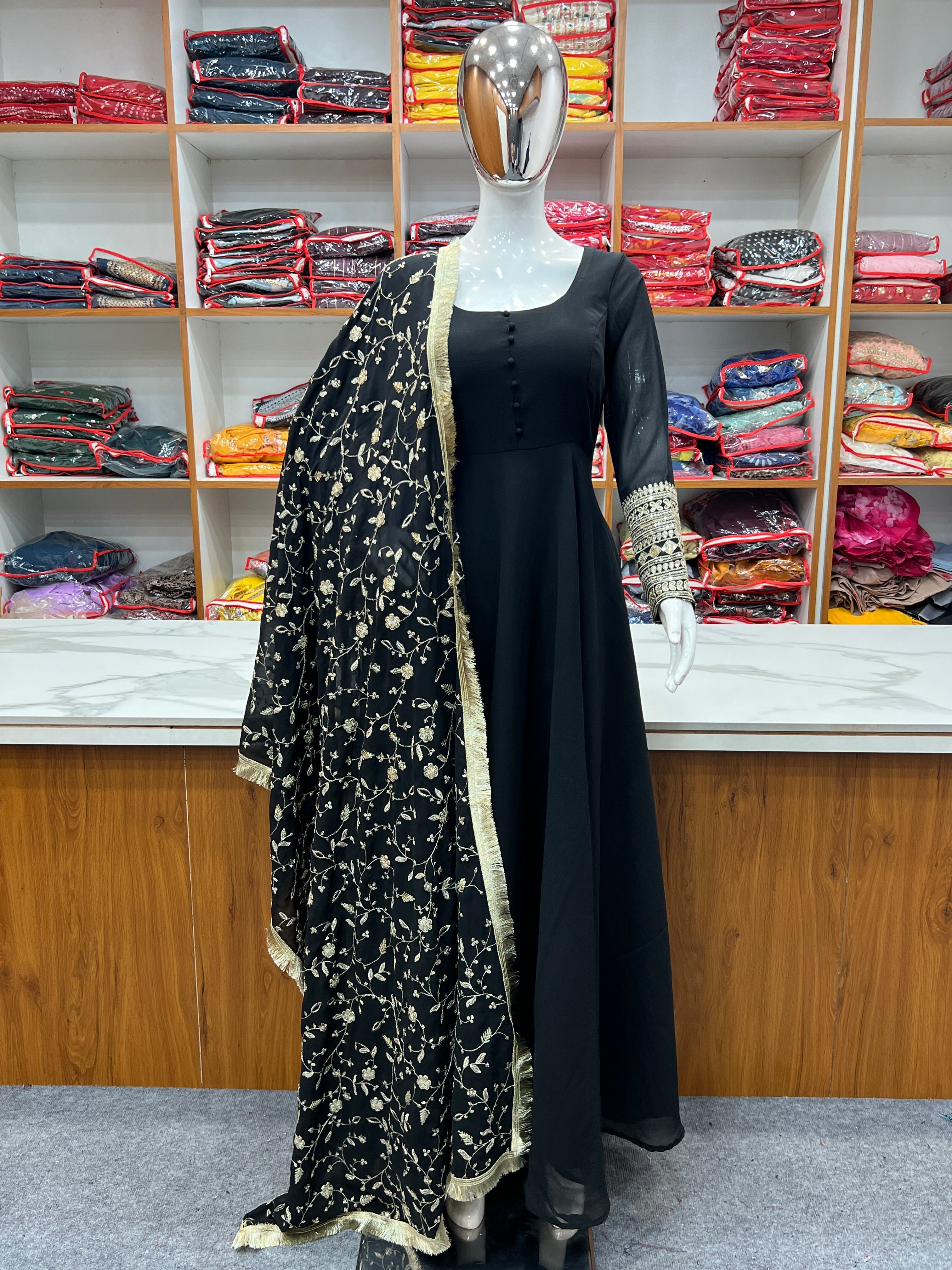 Black Color Pure Faux Georgette Kurti With Huge Flair Comes With Duppatta & Pant

