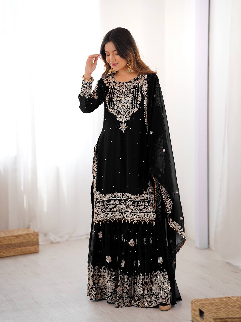 Trendy Black Faux Georgette Designer Sharara Set with Dupatta