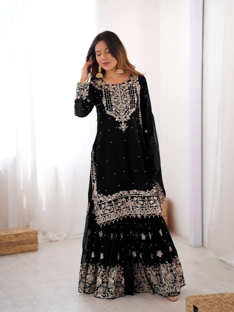 Trendy Black Faux Georgette Designer Sharara Set with Dupatta