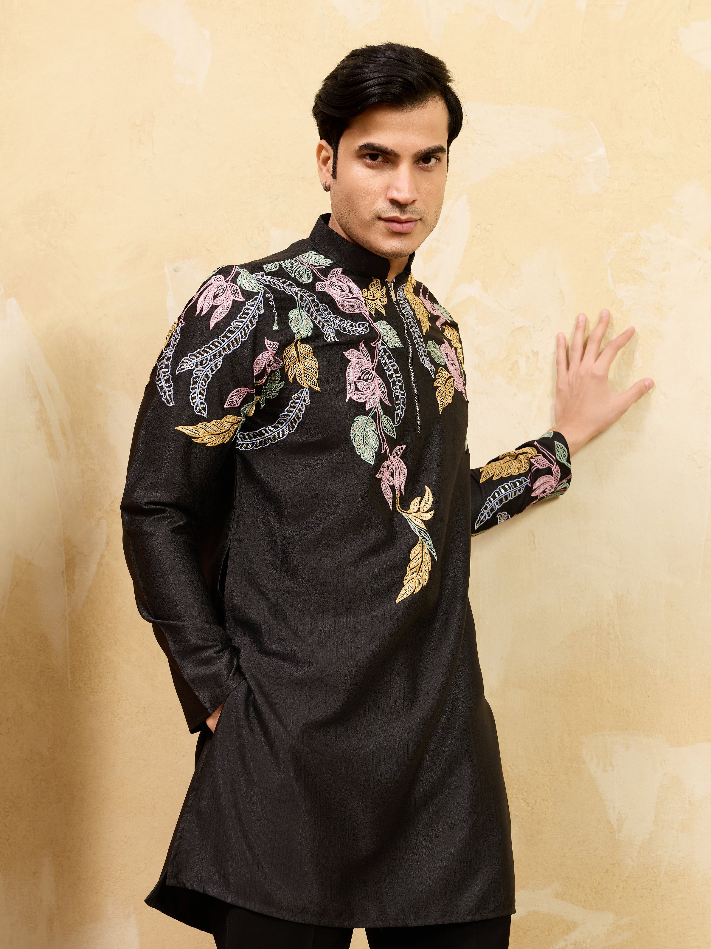 Premium Black Floral Embroidered Men’s Kurta Set For Wedding
