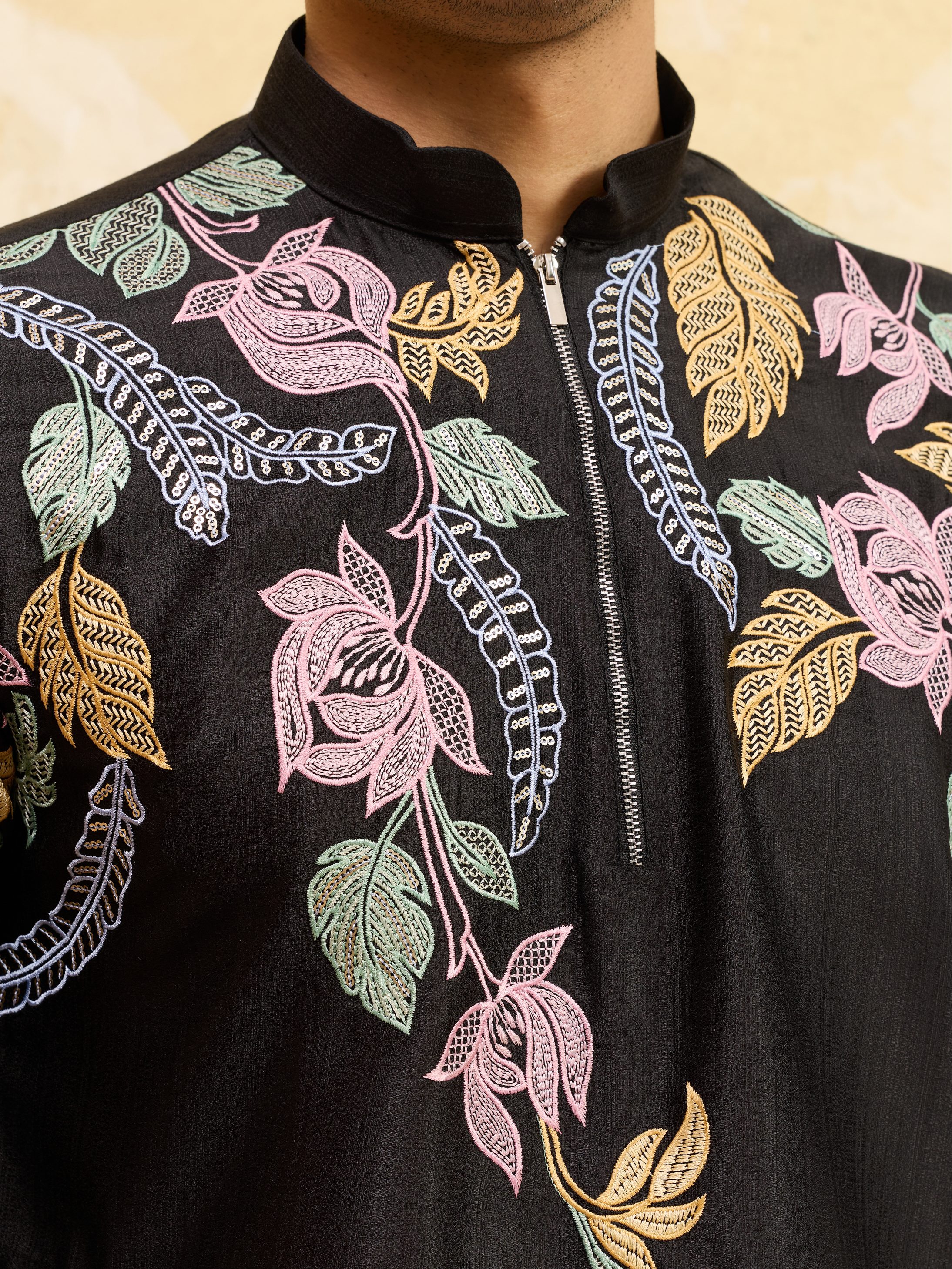 Premium Black Floral Embroidered Men’s Kurta Set For Wedding
