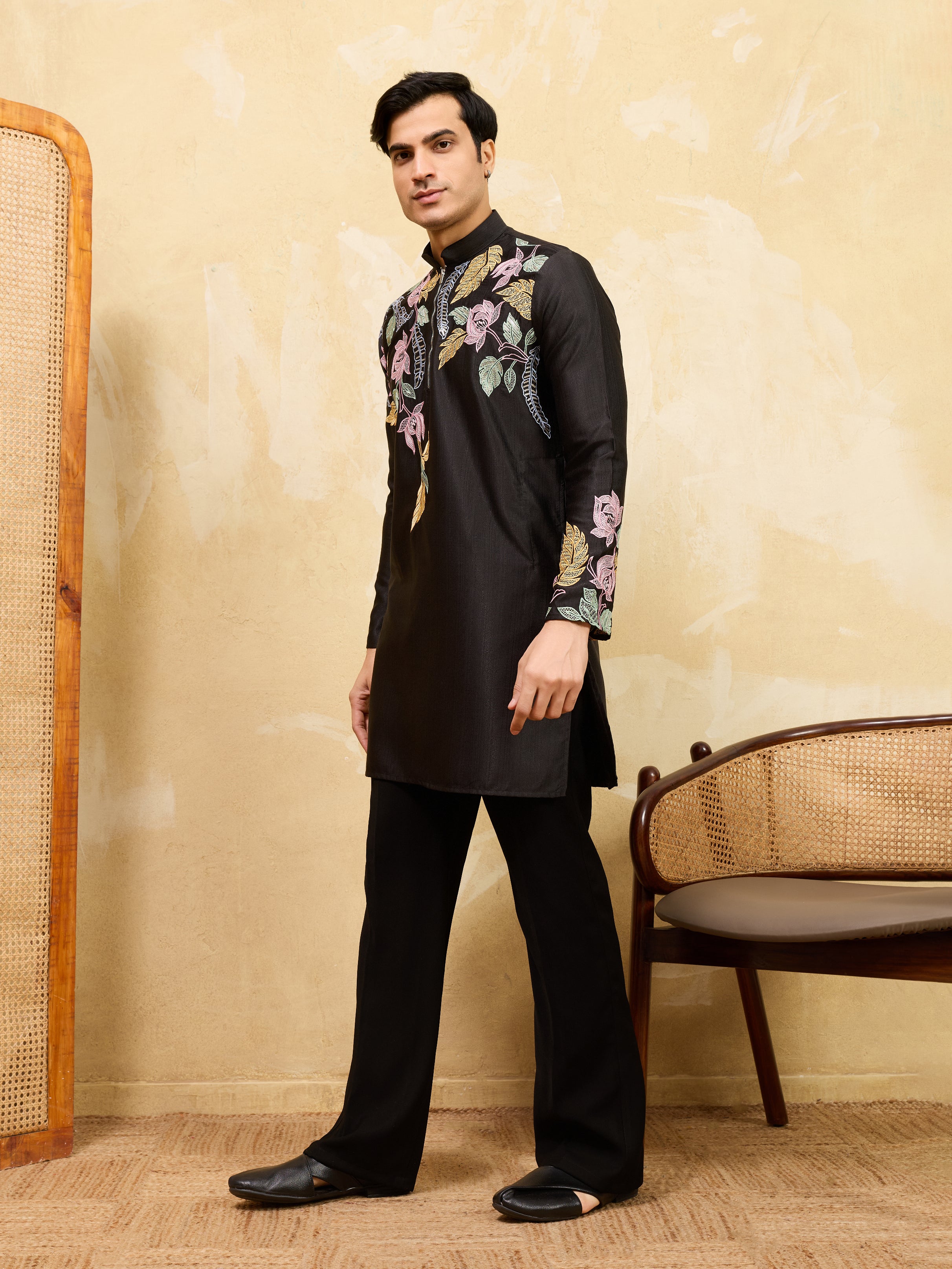 Premium Black Floral Embroidered Men’s Kurta Set For Wedding
