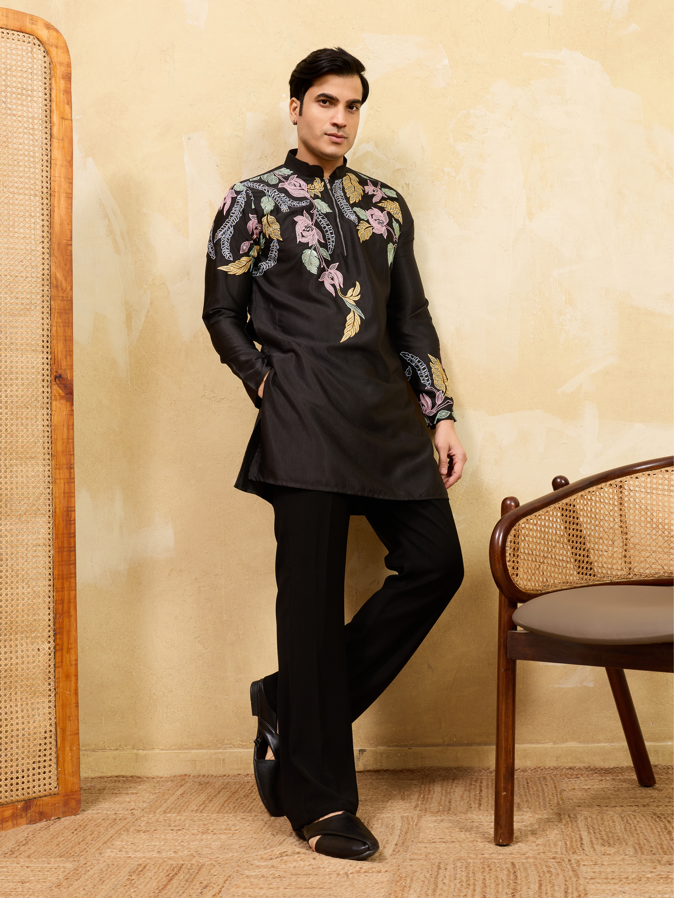 Premium Black Floral Embroidered Men’s Kurta Set For Wedding
