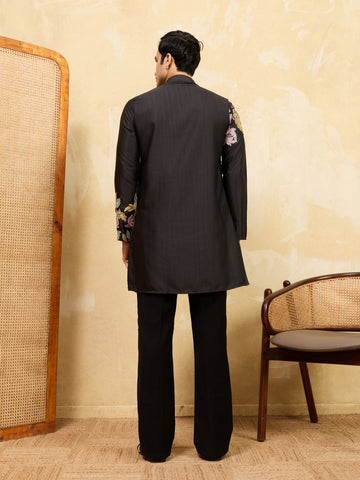 Premium Black Floral Embroidered Men’s Kurta Set For Wedding
